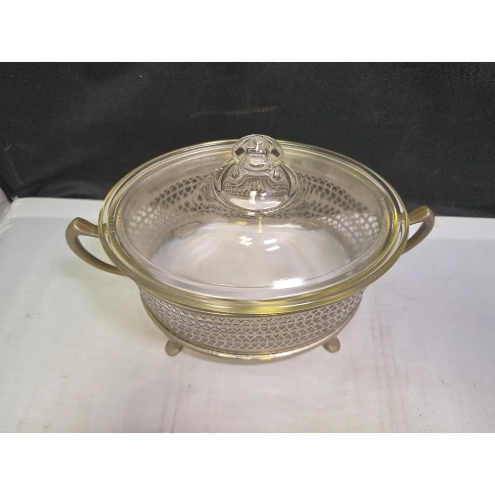 Pyrex Clear Oval Casserole Dish W/ Lid, Metal Stand